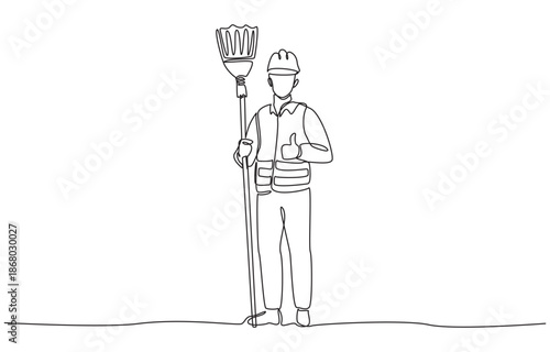 Continuous one line drawing of street cleaner giving thumbs up while holding broom, single line art.