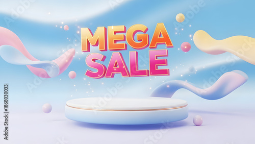 Dynamic mega sale promotion advertisement with 3D colorful text and a stylish product display podium perfect for online retail discounts and special e-commerce marketing offers