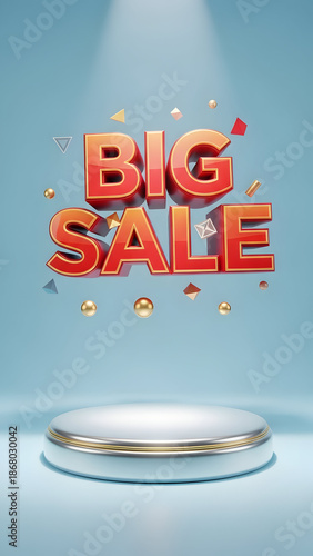 Dynamic 3D Big Sale text on light blue background with stylish product presentation podium for online shopping promotions and exclusive discount offers