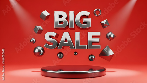 Dynamic 3D big sale promotion display with chrome letters and geometric shapes on a vibrant red background for marketing advertising and special discount offers