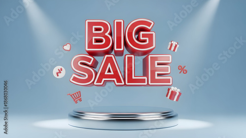 Dynamic 3D red letters spelling Big Sale floating above a metallic podium surrounded by shopping icons representing a major online retail promotion