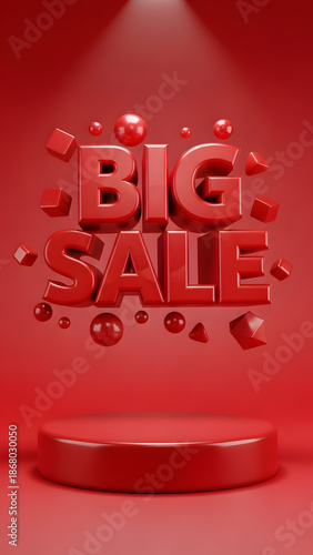 Vibrant red 3D rendering showcasing a big sale announcement with dynamic floating elements above a glossy product display podium for retail marketing campaigns and discount promotions