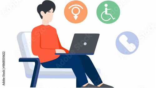 Young adult using laptop with accessibility symbols nearby