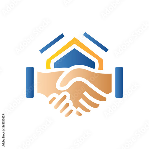 Stylized icon representing a real estate deal or property agreement with a handshake and house symbol.