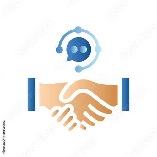 A gradient icon depicting a handshake symbolizing partnership and agreement, with a chatbot communication bubble above, representing digital interaction and AI collaboration.