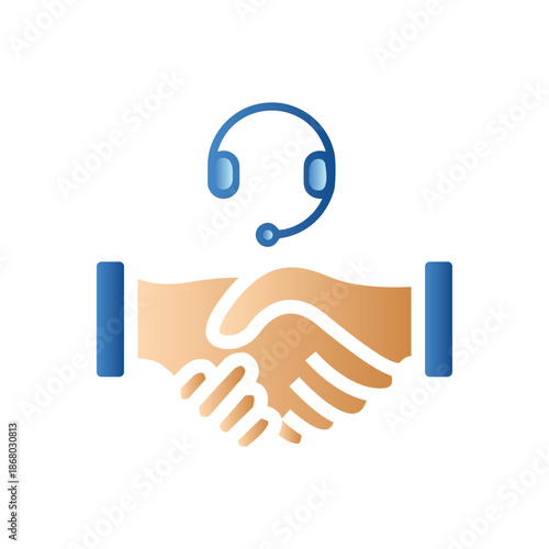 Professional handshake icon with a headset symbolizing customer support, business agreement, partnership, and communication services.