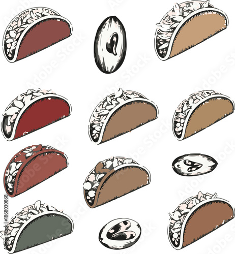 Vector set of different bread types and delicious bakery items including pastry, cake, and cookies isolated on a white background for a breakfast food illustration collection