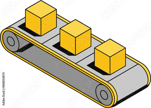 Isometric conveyor belt illustration with yellow boxes representing automated manufacturing production line logistics workflow isolated on white background