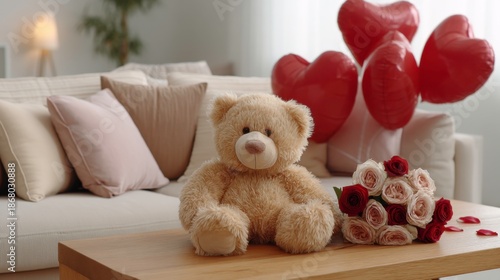 Valentine's day celebration with teddy bear living room decorative setup romantic atmosphere close-up view love and affection