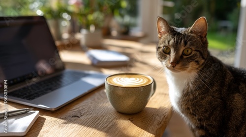Cozy home office scene with cat and coffee bright indoor setting lifestyle photograph relaxed atmosphere