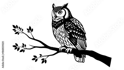 A cute cartoon vector illustration of a wild owl bird with black feathers and a beak perched on a tree branch in a nature art design