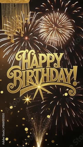 Golden Happy Birthday Fireworks and Confetti Celebration Background image photo