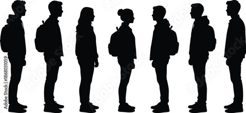 People standing in line silhouettes illustration showing men and women with backpacks waiting together isolated on white background for queue concept design