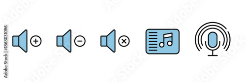 Set of flat design audio volume and music control icons isolated