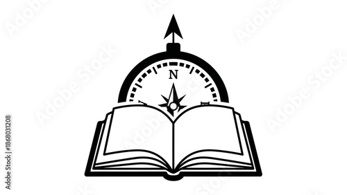 Monochrome Open Book with Compass Rose Icon Illustration Design