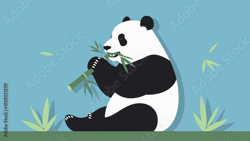 A cute cartoon vector illustration of a baby panda bear in the wild China forest climbing a bamboo tree as a fun nature design for animal and wildlife art