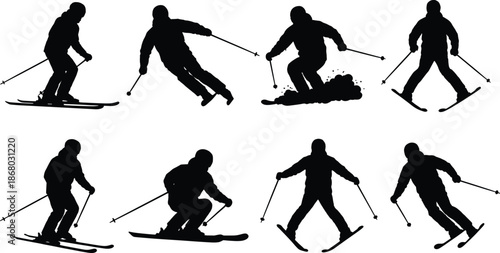 Skiing sport silhouette set illustration showing skier in different downhill and freestyle action poses isolated on white background