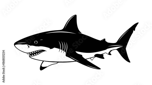 A dangerous great white shark predator with sharp teeth and a blue fin is shown as a cartoon vector illustration isolated on a white background for marine wildlife design