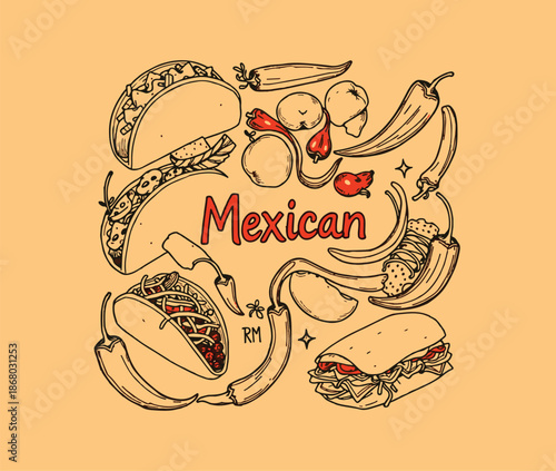 Alternative options: "Hand-Drawn Mexican Cuisine Sketch on Orange Background", "Mexican Doodles: Tacos, Burritos & Chili Peppers", or "Retro Style Mexican Food Art
