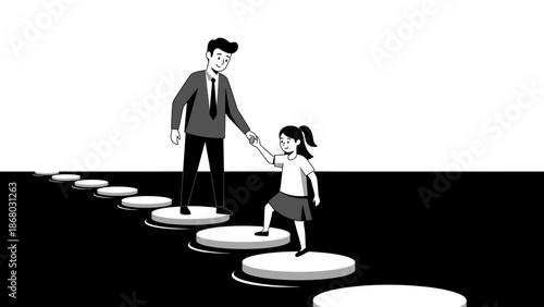 Father Helping Daughter Step Forward Growth Illustration
