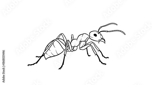 Macro illustration of a small black spider and an ant isolated on a white background featuring detailed legs and antennae in a nature wildlife scene