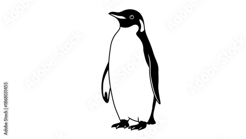 A cute cartoon vector illustration of a silhouette of a woman in a dress standing beside an emperor penguin on the cold Antarctica ice