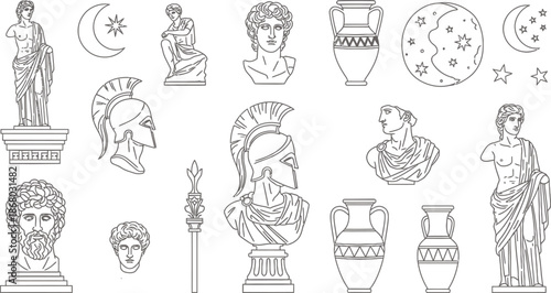 Ancient Greek and Roman Statues Busts Vases Helmets and Celestial Elements Keywords: greek statue, roman statue, bust, vase, amphora, helmet