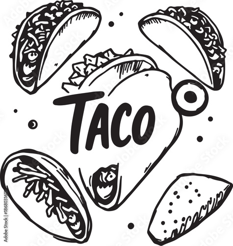 
This one's super bold and fun—big handwritten "TACO" text in the center, surrounded by a circular arrangement of hand-drawn tacos (hard shells with fillings spilling out) in classic black-and-white d