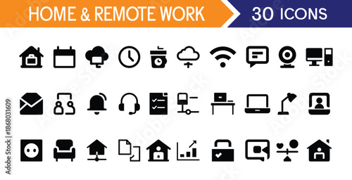 Set of 30 Home and Remote Work Icons. Containing Home Office Equipment, Video Conferencing, Time Management and Internet Connectivity

