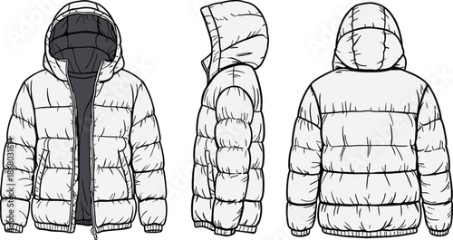 Technical fashion illustration of hooded puffer jacket showing front side and back views isolated on white background template