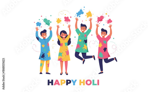 Vibrant people celebrating Holi with colorful powders in joyful fun