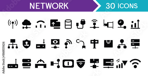 Set of 30 Network Icons. Containing Router, Modem, Satellite and Fiber Optic Communication Symbols
