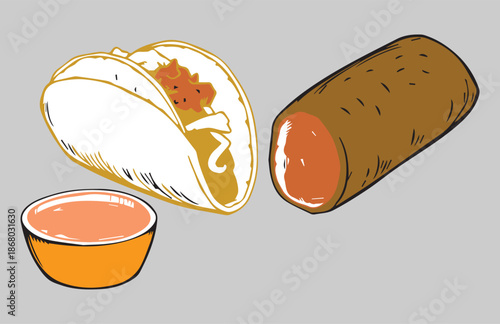 This one's making me hungry—classic taco with visible fillings, a golden wrapped burrito (cut open to show the inside), and a bowl of dipping sauce (looks like salsa or hot sauce) in the foreground. 