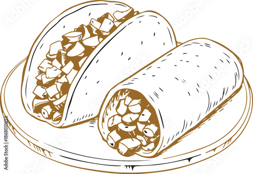 
This one's got that delicious hand-drawn sketch vibe—a classic hard-shell taco next to a wrapped burrito, both overflowing with tasty fillings like meat, lettuce, and cheese. Simple, appetizing line 