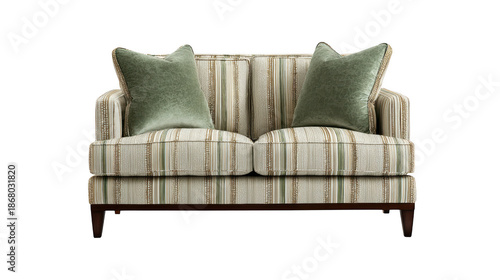 Elegant sofa with striped upholstery and green pillows isolated on transparent background