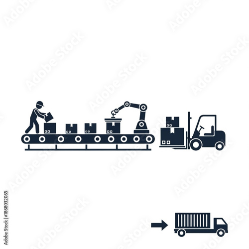 Worker loading crates onto a conveyor belt in an industrial setting with a forklift and robotic arm in operation