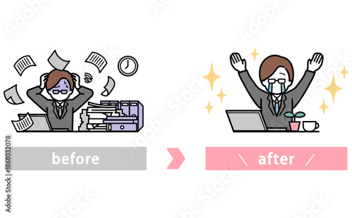 書類に追われて残業するビジネスマンが業務改善でゆとりが生まれるビフォーアフターイラスト