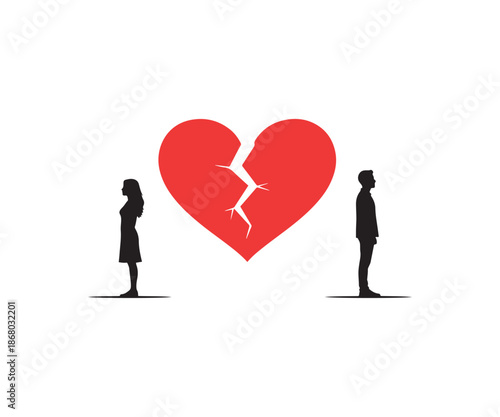 Couple standing on either side of a broken heart.