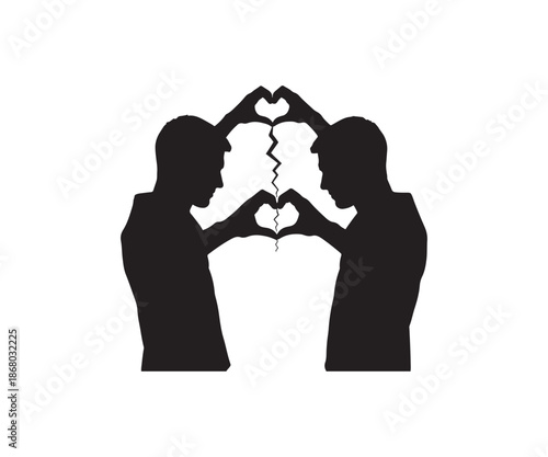 Silhouettes of couple forming broken heart shapes with hands.