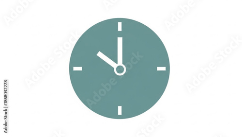 Teal colored clock face with white hands and markers on a clean white background for design and time concepts with graphic and icon and illustration