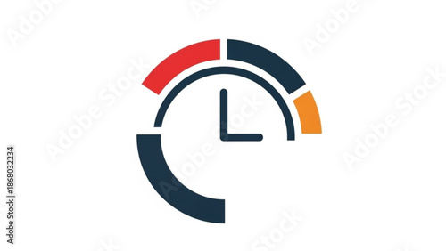 A modern speedometer gauge with a red orange and dark blue color scheme on a white background with graphic and design and icon and symbol and infographic
