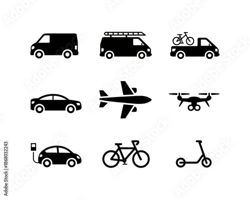 Transportation icons set including vehicles and bicycles.