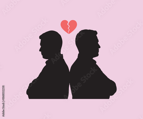 Silhouettes of two men facing away with broken heart.