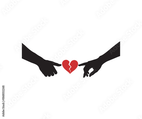 Two hands reaching for a broken heart in Red an black silhouette.