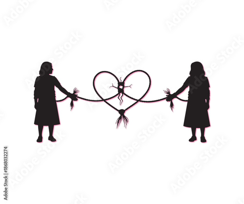 Two silhouetted women bound by ropes in heart shape.
