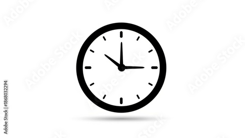 A black and white illustration of an analog clock with a simple design on a plain white background with time and icon and symbol and graphic