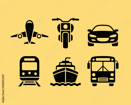 Various modes of transportation icons on yellow background.