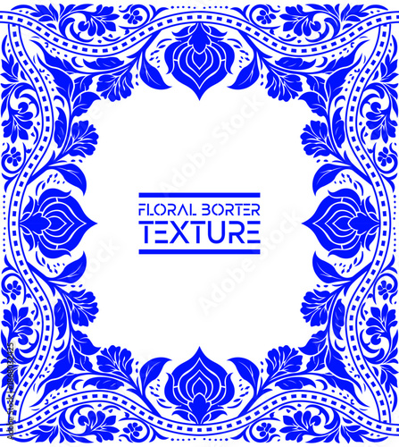 Intricate Blue Floral Ornamental Square Frame, Packaging level design, Clothes texture, Ceramic Floral art, Carpet Decorative Purposes. Floor decoration, tiles vector art, border cover swirls.