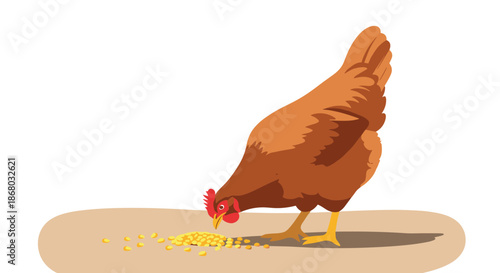 A brown domestic hen with a red comb and wattle pecking at a small pile of yellow corn feed on a light brown patch of ground in an illustration.