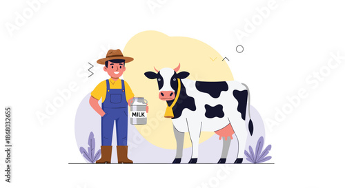 A cheerful cartoon farmer proudly stands with his dairy cow, holding a milk can, representing fresh milk production and agricultural themes.